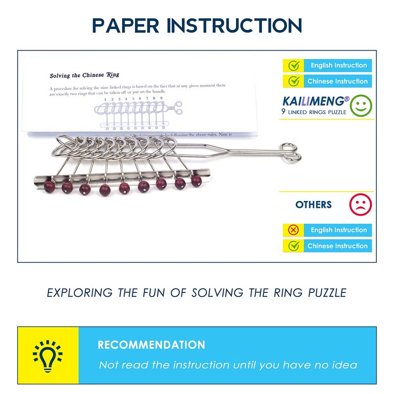 KAILIMENG 9 Linked Rings Metal Puzzle - Adult Hard Puzzle - Brain Teasers Mind Game for Adults and Kids - Classical Handheld IQ Trick Toy - Image 5